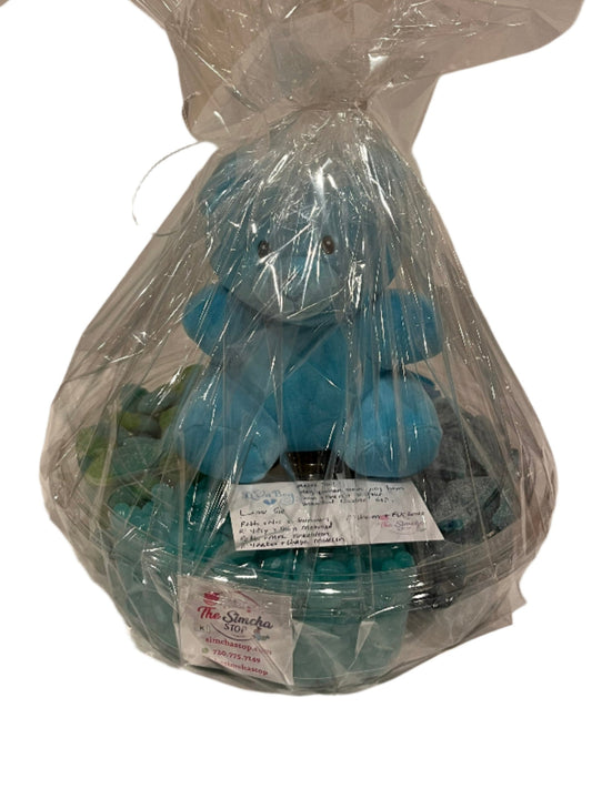 5 section round candy platter with lid and blue teddy bear on top